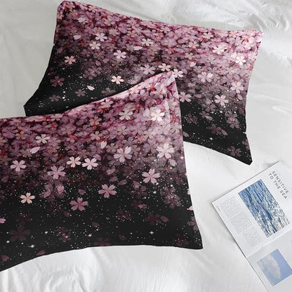Comforter Set Full Size, Pink Cherry Flower 7 Pcs Bedding for Kids and Adults, Blossom Floral Bed Sheet Sets with Fitted Sheet 2 Pillowcases & 2 Shams for Bedroom Bed Decor