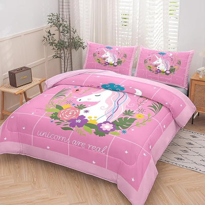 Tailor Shop Girls' Unicorn Comforter Set - King Size Pink Unicorn Bedding Set for Kids' Room with 2 Pillowcases