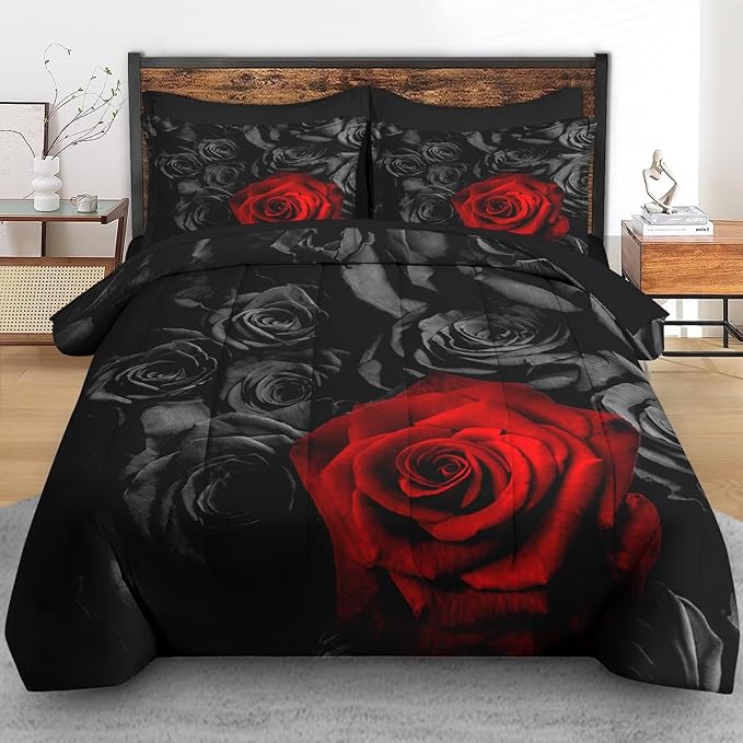 Comforter Set King Size, Red Rose Flower 7 Pcs Bedding for Kids and Adults, Summer Vintage Floral Bed Sheet Sets with Fitted Sheet 2 Pillowcases & 2 Shams for Bedroom Bed Decor