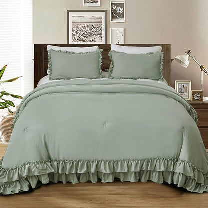 Masaca Green Ruffled Comforter King Size,Farmhouse Shabby Ruffle Rustic Aesthetic Green Bedding Extra Soft 3PCS (1 Ruffle Comforter and 2 Pillowcases)