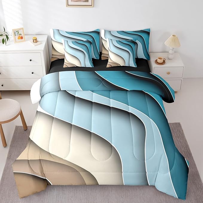 Erosebridal Blue Beige Brown Ombre Twin Comforter Set 7 Pieces for Boys Geometric Stripe Bedding Comforter Sets, Aesthetic Wave Bed in a Bag Modern Abstract Bedding Set, Gradient Bed Sheets Set