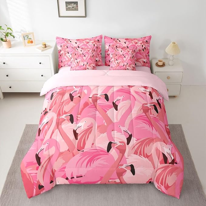 Erosebridal Flamingo Animal Girls Women Full Comforter Set 7 Pieces | Kawaii Cute Bed in A Bag for Bedroom Romantic Bedding Set with Comforters Black Pink Room Decor