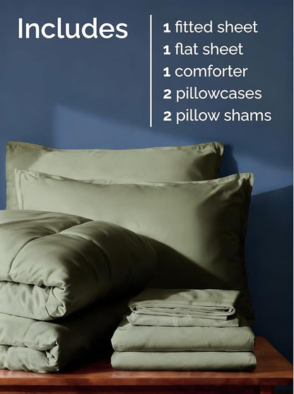 Full Comforter Set - 5 Piece Bed in a Bag Full Size Bed Set - Down Alternative Comforter, Flat Sheet, Fitted Sheet, Pillowcase & Shams for All Seasons - Ultra Soft, Comfy and Breathable - Sage Green