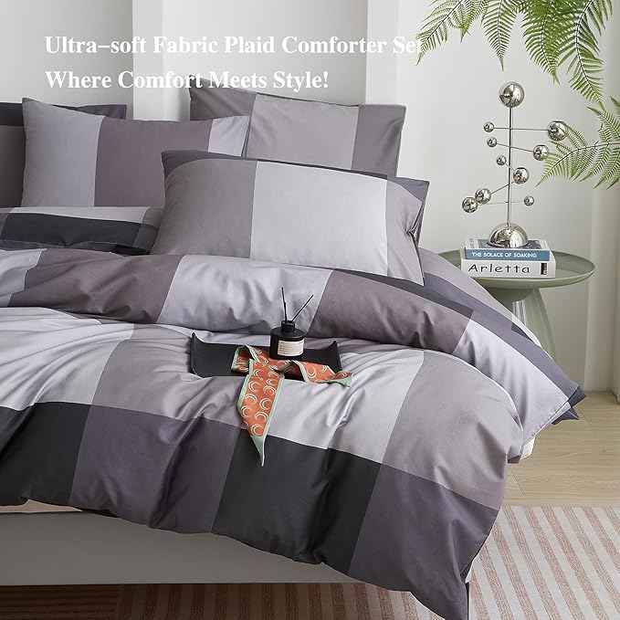 mixinni Queen Comforter Set Men Boys Geometric Checkered Plaid Printed Bedding Comforter for All Season Soft Lightweight Bedding Set-(Queen Size, Grey,Black)