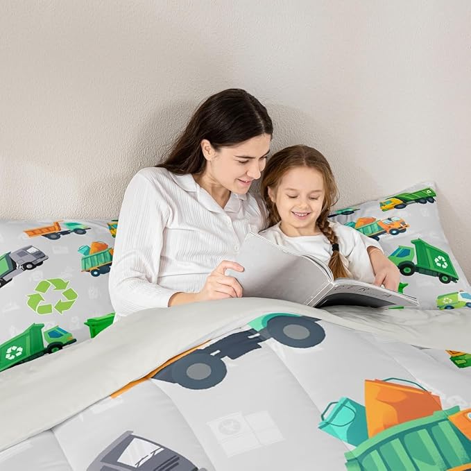 Feelyou Boys Green Garbage Truck Bedding Set Cartoon Trash Truck Comforter Set for Kids Boys Girls Teens Green Vehicle Car Comforter Garbage Truck Toy Duvet Set Full Size with 2 Pillow Case