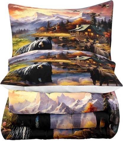 LUVIVIHOME 3PCS Black Bear Deer Moose Comforter Set King Size, Mallard Duck Mountain Woodland Forest Animal Wildlife Hunting Hunter Country Lodge Rustic Farmhouse Cabin Bedding Sets, 2 Pillow Shams