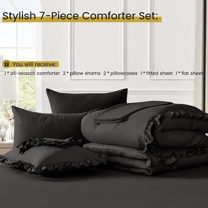 QUIETSEA Queen Bed in a Bag 7 Pieces Comforter Set Queen, Ruffle Bedding Comforter Set Black Bed Set with Comforter, Pillowcases, Flat Sheet, Fitted Sheet and Pillow Shams