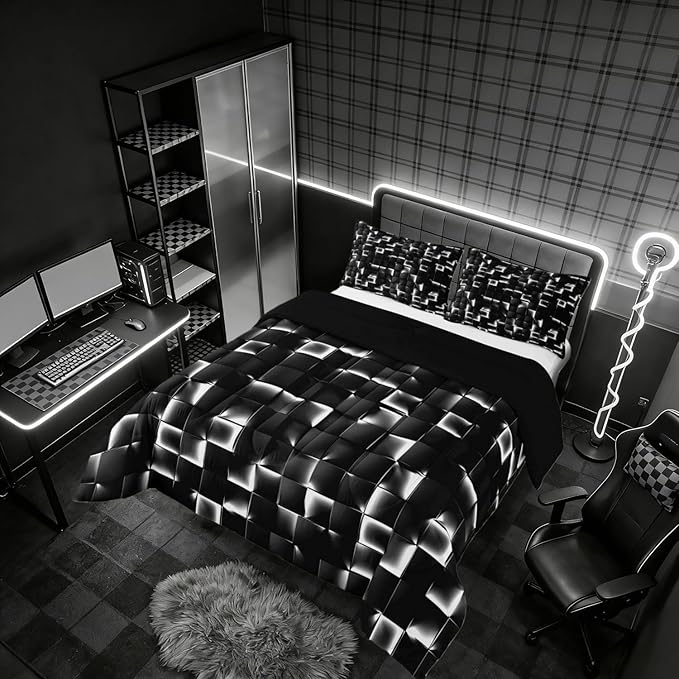 Erosebridal Geometric Checkered Comforter King Size Neon Black White Comforter Set for Kids Teen Men Gamer Room Decor,Abstract Ombre Plaid Bedding Set Grids Quilt Duvet