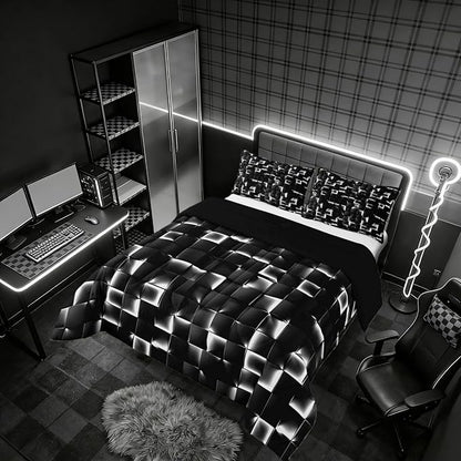Erosebridal Geometric Checkered Comforter Full Size Neon Black White Comforter Set for Kids Teen Men Gamer Room Decor,Abstract Ombre Plaid Bedding Set Grids Quilt Duvet