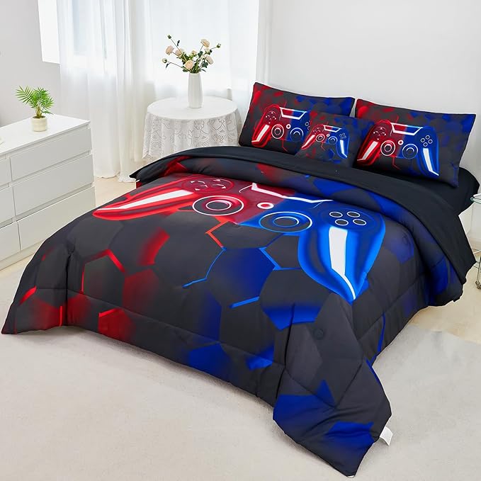 URBONUR 3D Gamer Gamepad Comforter Sets for Boys Girls Kids 6Pcs Gaming Bedding Set Lightweight Microfiber Down Comforters Children Quilted Blanket (Red Blue, Queen)