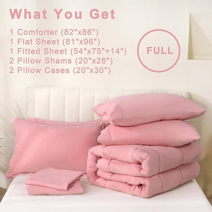 DOWNCOOL Full Size Comforter Sets, 7Pcs Full Size Bedding Sets Pink, All Season Down Alternative Bedding Comforter Sets with Comforter, Flat Sheet, Fitted Sheet, 2 Pillow Shams & 2 Pillowcases