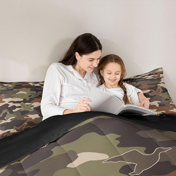Erosebridal 3D Duck Comforter Set Twin Size Camo Camouflage Bedding Set for Kids Boys Girls Green Dark Wildlife Comforter Flying Animals Hunting Quilt Bedroom Decor