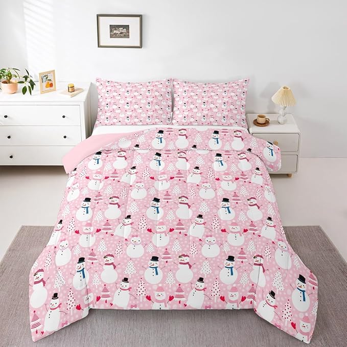 Castle Fairy Merry Christmas Bed Comforter Set Queen Size,Cartoon Pink Dreamy Super Soft Microfiber Bedding Set for Adults Teens,Snowman Christmas Tree Comforter Set,2 Pillowcases
