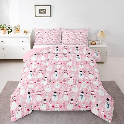 Castle Fairy Merry Christmas Bed Comforter Set Queen Size,Cartoon Pink Dreamy Super Soft Microfiber Bedding Set for Adults Teens,Snowman Christmas Tree Comforter Set,2 Pillowcases