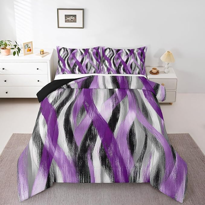 Erosebridal Geometric Stripes Comforter Full Modern Abstract Comforter Set Black Grey Purple Bedding Set for Girls Teen Women Swirl Lines Quilt Duvet Room Decor 3 Pcs