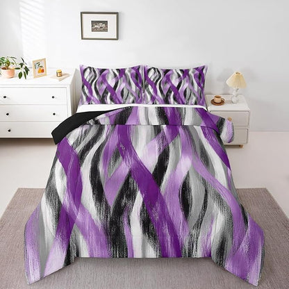 Erosebridal Geometric Stripes Comforter Twin Modern Abstract Comforter Set Black Grey Purple Bedding Set for Girls Teen Women Swirl Lines Quilt Duvet Room Decor 2 Pcs