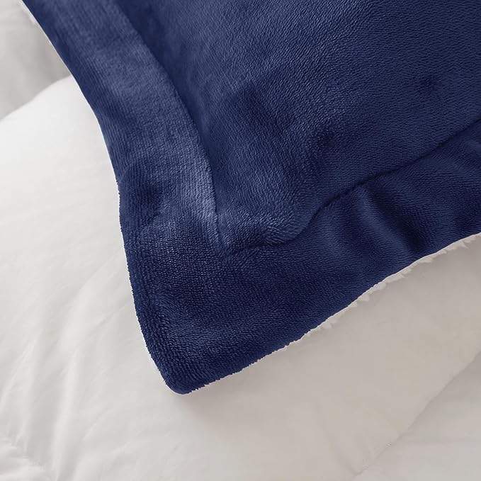 Seward Park Navy Blue Sherpa Comforter Set Twin XL Size, All Season Soft Warm Fleece Fall Blanket, Winter College Dorm Bedding Sets with 1 Pillow Sham