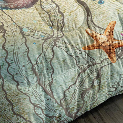 Retro Octopus Comforter Set Twin Size 3Pcs Nautical Coastal Compass Bedding Set Starfish Jellyfish Seaweed Quilt Bed Set for Boys Girls with 1 Comforter and 2 Pillowcases
