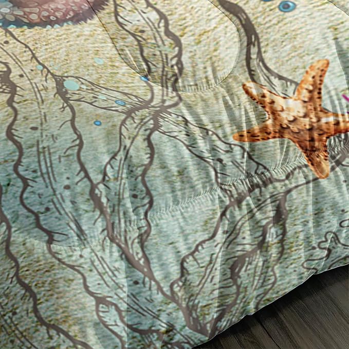 Retro Octopus Comforter Set Twin Size 3Pcs Nautical Coastal Compass Bedding Set Starfish Jellyfish Seaweed Quilt Bed Set for Boys Girls with 1 Comforter and 2 Pillowcases