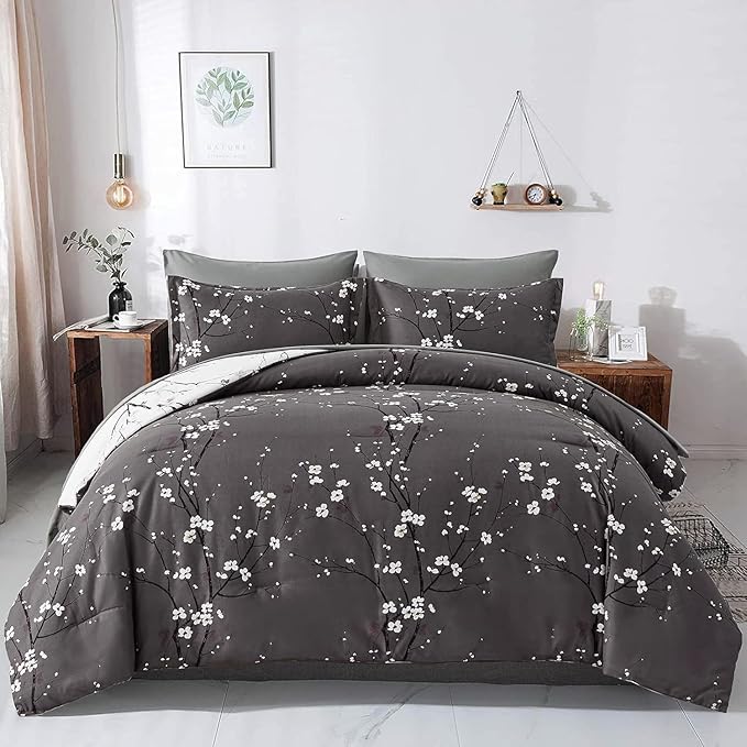 WONGS BEDDING Floral Cmomforter Set Queen,7 Pieces Bed in a Bag Comforter Reversible Flower Plum Bedding Set Queen Size（1 Comforter,2 Pillowcase,2 Pillow Shams,1 Flat Sheet,1 Fitted Sheet）