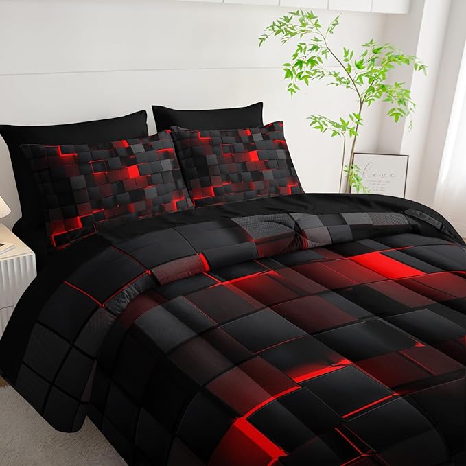Geometric Red Black King Comforter Set,Light Honeycomb Bedding Set 7 Piece in A Bag,Bed Sheet Set Geometry Decor,Microfiber Lightweight All Season