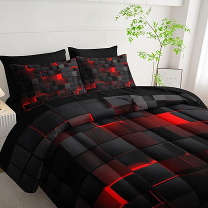 Geometric Red Black King Comforter Set,Light Honeycomb Bedding Set 7 Piece in A Bag,Bed Sheet Set Geometry Decor,Microfiber Lightweight All Season