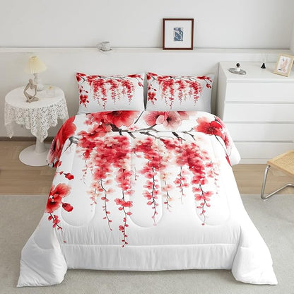 Manfei Red Flower Comforter Set King Size, Watercolor Cherry Blossom Bedding Set 3pcs, Japanese Style Pink Floral Print Down Comforter, Kids Girls Women Room Decor, 2 Pillowcases, No Sheets