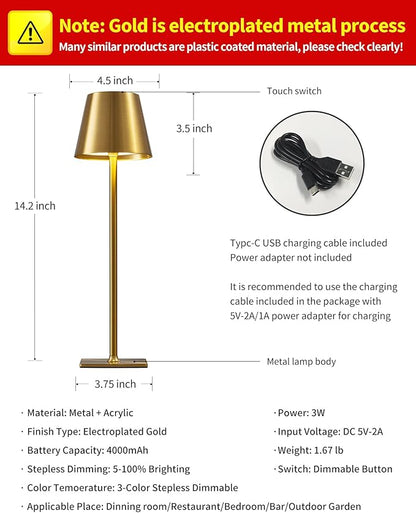KDG 2 Pack Cordless Table Lamp,Portable LED Desk Lamp, 4000mAh Battery Operated, 3 Color Stepless Dimming Up, for Restaurant/Bedroom/Bars/Outdoor Party/Camping/Coffee Shop Night Light(Gold)