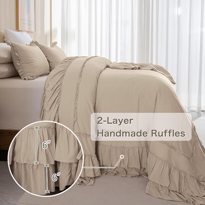 Masaca Oversized Comforter King Size 120x120,Farmhouse Shabby Boho Chic Ruffle California King Bed Comforter Set French Country Rustic Bedding 3PCS (1 Ruffled Comforter+2 Pillow Shams)