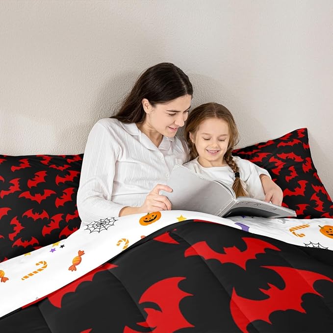 Erosebridal Red Bat King Bedding Set Halloween Bat Comforter Set Spooky Goth Gothic Animal Bed Collections Horror Halloween Duvet Quilt Sets for Kids Teens Adults