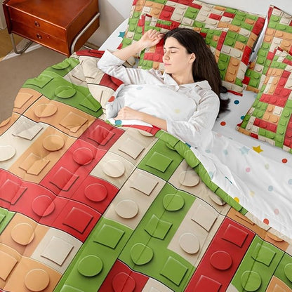 Feelyou Building Block Print 7 Piece Bedding Set Queen Size Kids Brick Styles Comforter Set with Sheets for Boys Teens Colorful Gaming Bed in a Bag Green Red Yellow Room Decor