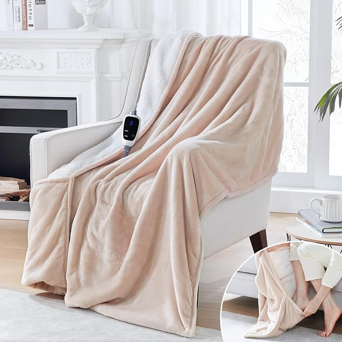 Sealy Electric Blanket with Foot Pocket for Adults, Flannel & Sherpa Heated Blanket Throw with 6 Heating Levels & 2-10 Hours Auto Shut Off, Fast Heating & Machine Washable, 50x62 Inch, Beige