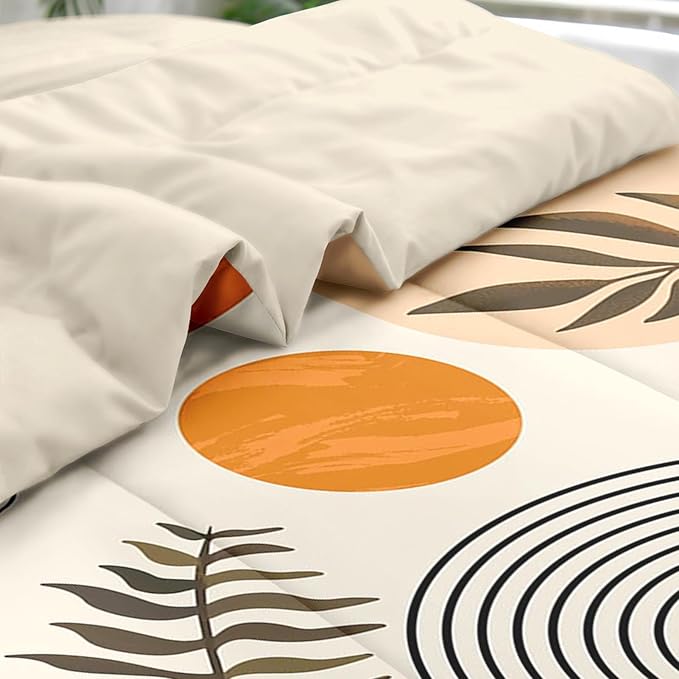 Comforter Set King Size, Mid Century Boho Orange 7 Pcs Bedding for Kids and Adults, Geometric Bed Sheet Sets with Fitted Sheet 2 Pillowcases & 2 Shams for Bedroom Bed Decor