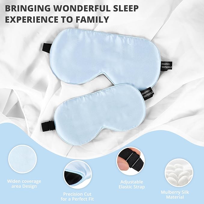 Silk Sleep Mask Eye Cover, 100% Real Natural Eye Mask for Sleeping with Adjustable Strap, 100% Silk Filling Blindfold, sleepmask for Kids/Teens/Adults, Sleeping Masks for Family (2 Blue)
