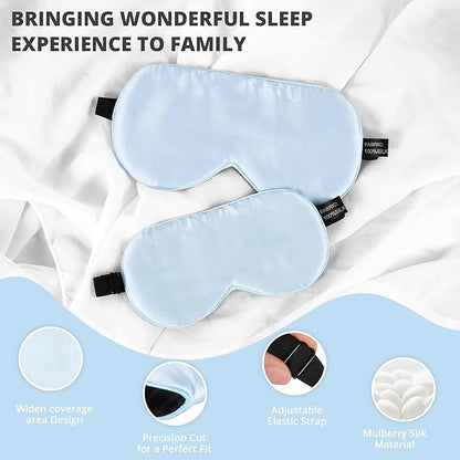 Silk Sleep Mask Eye Cover, 100% Real Natural Eye Mask for Sleeping with Adjustable Strap, 100% Silk Filling Blindfold, sleepmask for Kids/Teens/Adults, Sleeping Masks for Family (2 Blue)
