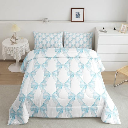 Erosebridal Ribbon Bow Girls King Bedding Set Blue White Bowknot Comforter Set Princess Style Bow Tie Bedding Comforter Sets Dreamy Watercolor Bowknot Quilt Duvet for Kids Bedroom Decor