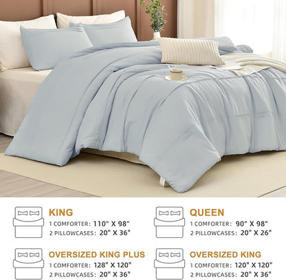 Masaca Oversized King Comforter 120x120,3 Pieces Pinch Pleated Bedding Comforter,Light Blue Rustic Boho Cal King Bed Comforter Oversized Lightweight and Soft
