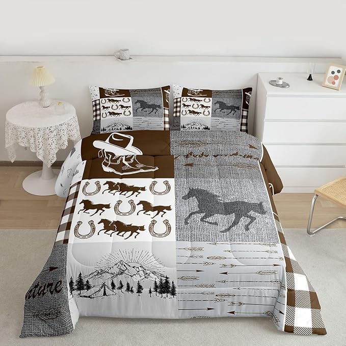 Erosebridal Horse Twin Comforter Set, Western Horseshoe Quilt Southwest Cowboys Cowgirls Bedding Set for Kids Boys Teens Adult Bedroom, Rustic Farmhouse Patchwork Adventure Bedding Comforter Sets