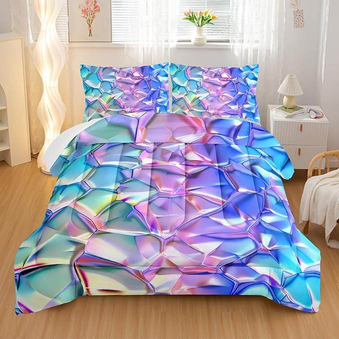 Purple and Blue Abstract Art Comforter Modern Abstract Comforter Set,Laser Gradient Bedding Set Queen Size,Mordern Art Decor All Season Lightweight Soft Microfiber with 2 Pillow Shams
