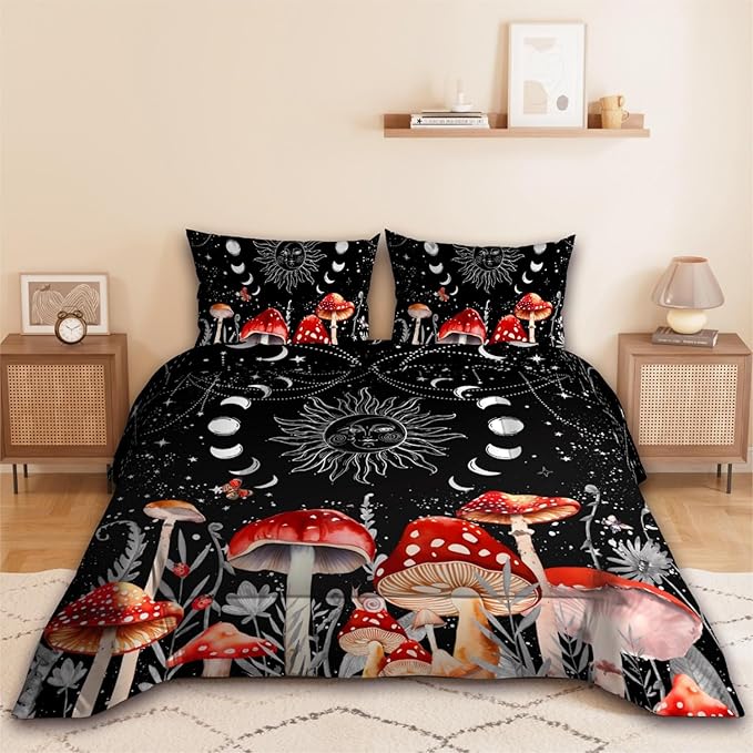 Sun Moon Boho Mushroom Comforter Sets for Kids Adults,3D Pattern Black Color,Decorative Bedding Comforter Sets with 2 Pillow Shams, Queen Size