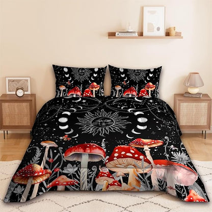 Sun Moon Boho Mushroom Comforter Sets for Kids Adults,3D Pattern Black Color,Decorative Bedding Comforter Sets with 2 Pillow Shams, Queen Size