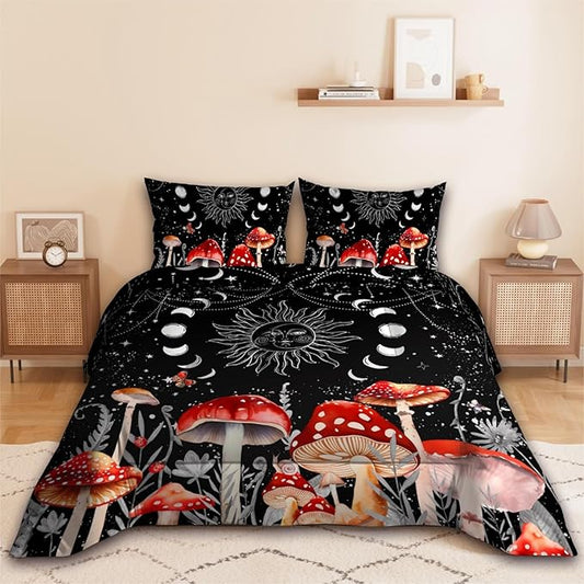 Sun Moon Boho Mushroom Comforter Sets for Kids Adults,3D Pattern Black Color,Decorative Bedding Comforter Sets with 2 Pillow Shams, Queen Size