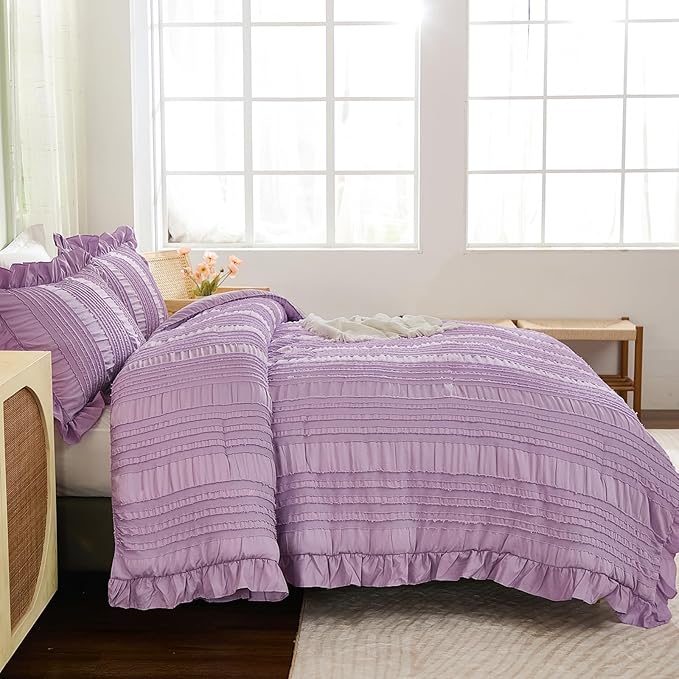 WONGS BEDDING Purple Comforter Set King,3 Pieces Ruffle Farmhouse Shabby Chic Comforter for King Bed,Soft Textured Boho Bedding Set with 1 Ruffle Comforter,2 Tufted Pillowcases 104"×90"