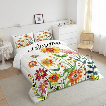 Erosebridal Sunflower Daisy Bedding Set for Kids Rustic Flowers Twin Comforter Set for Boys Girls,Watercolor Country Farmhouse Floral Bedding Comforter Sets Cute Cartoon Garden Botanical Bed Set