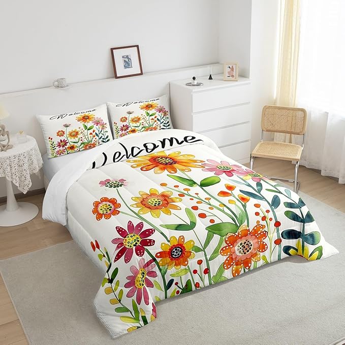 Erosebridal Sunflower Daisy Bedding Set for Kids Rustic Flowers Full Comforter Set for Boys Girls,Watercolor Country Farmhouse Floral Bedding Comforter Sets Cute Cartoon Garden Botanical Bed Set