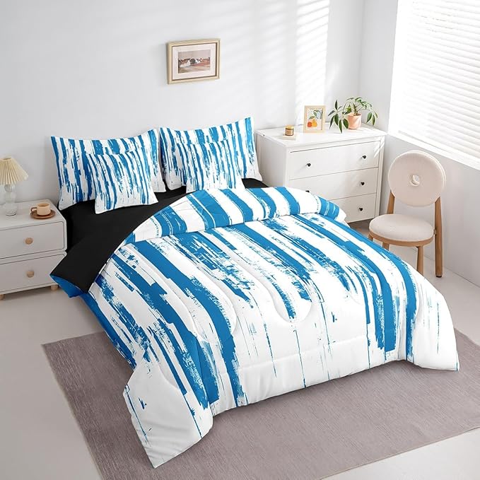 Erosebridal 7Pcs Sky Blue Boho Comforter Set King,Abstract Art Aesthetic Striped Bed in A Bag for Kids Teens Adults,Ink Painting Graffiti Watercolor Gradient Ombre Modern Bedding with Bed Sheets