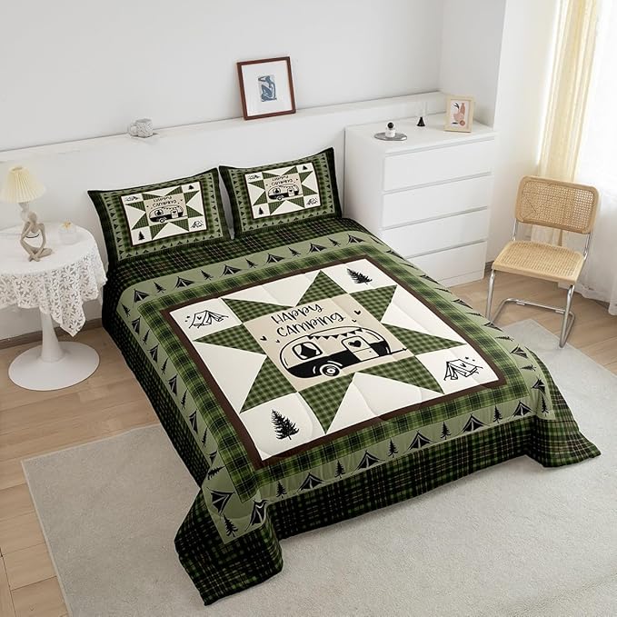 Feelyou Camper Comforter Set Toddler Size Kids Happy Camping Comforter for Boys Teens Southwestern Vinatge Camper Accessories for Travel Trailers Bedding Set Green Tree Duvet Set Room Decor