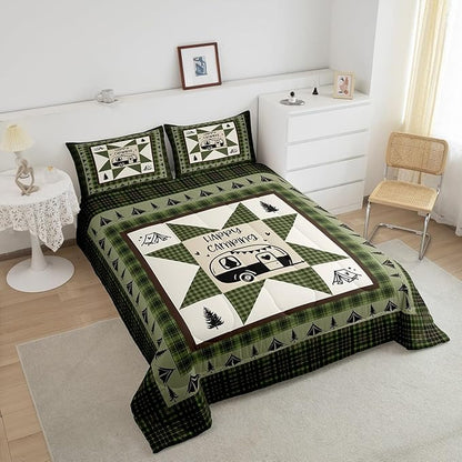 Feelyou Camper Comforter Set Full Size Kids Happy Camping Comforter for Boys Teens Southwestern Vinatge Camper Accessories for Travel Trailers Bedding Set Green Tree Duvet Set Room Decor