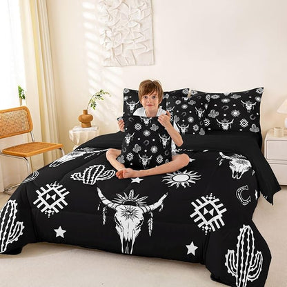 Erosebridal Western Bull Skull Bedding Set Full Boho Aztec Comforter Set 7 Piece Vintage Tribal Exotic Ethnic Bed in A Bag for Kids Boys Men Bohemian Geometric Cactus Quilt with Flat Fitted Sheet