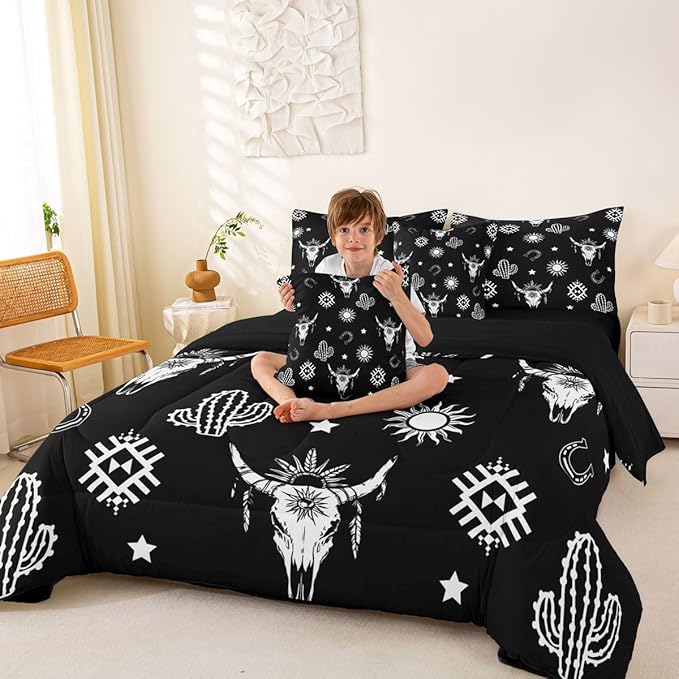 Erosebridal Western Bull Skull Bedding Set Twin Boho Aztec Comforter Set 7 Piece Vintage Tribal Exotic Ethnic Bed in A Bag for Kids Girls Women Bohemian Geometric Cactus Quilt with Flat Fitted Sheet